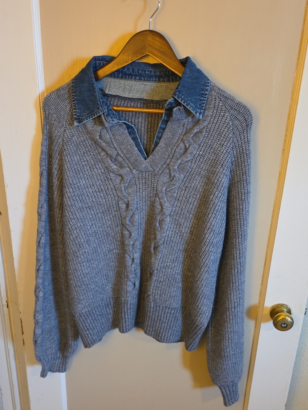 Gray Cable-Knit V-Neck Sweater with Denim Collar
